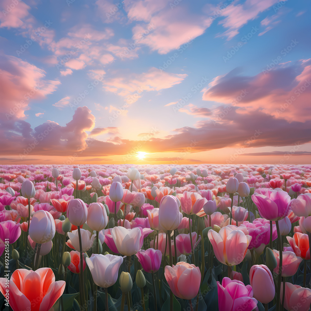 A field of tulips in various shades under a pastel-colored sky