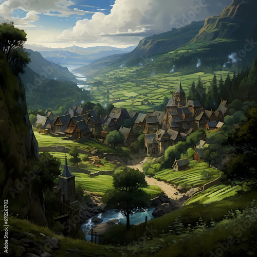 A hidden village nestled among rolling hills