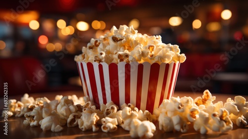 popcorn in a red and white box on a blurred background of the cinema hall