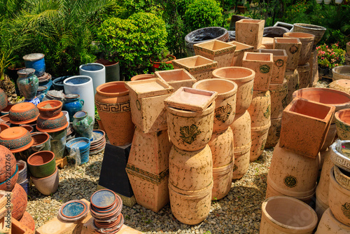 Clay products from pottery production. Background with selective focus and copy space