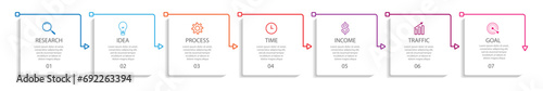 business infographic template. thin line design
with icons, text, number and seven options or steps.
used for process diagrams, workflow layouts, flowcharts, infographics and your presentations