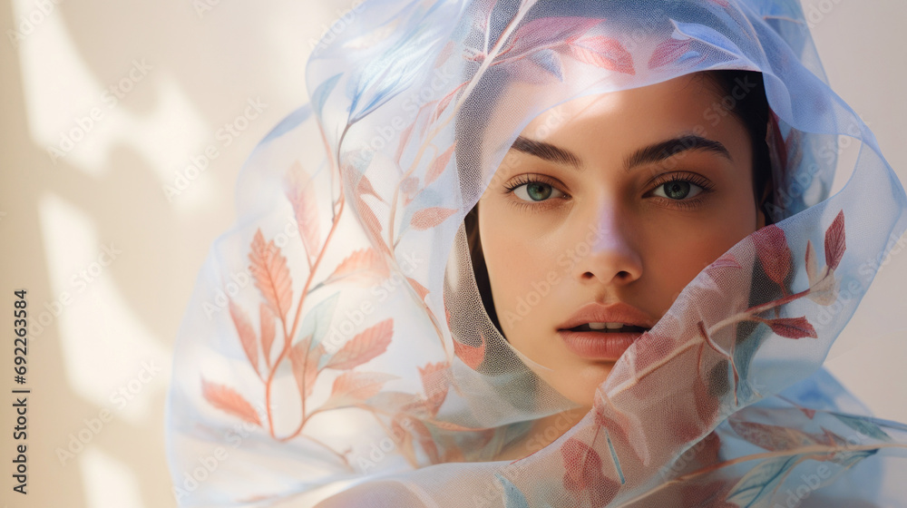 Close-up of a girl with a scarf over her head adorned with lace and olive leaves. Symbolizing holiday joy and peace.
Close-up of a girl with a scarf over her head adorned with lace and olive leaves. Symbolizing holiday joy and peace.
