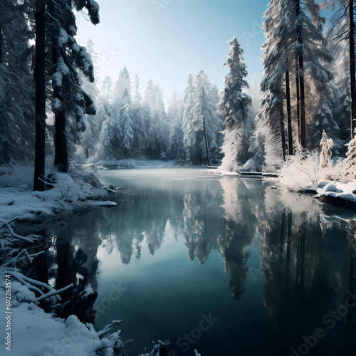 A tranquil lake surrounded by snow-covered trees