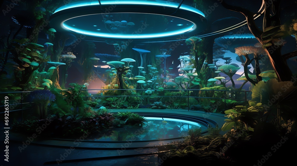 futuristic biotech oasis technology with bioengineered plants, glowing bioluminescent pathways, and futuristic devices futuristic biotech oasis technology with bioengineered plants, glowing bioluminescent pathways, and futuristic devices