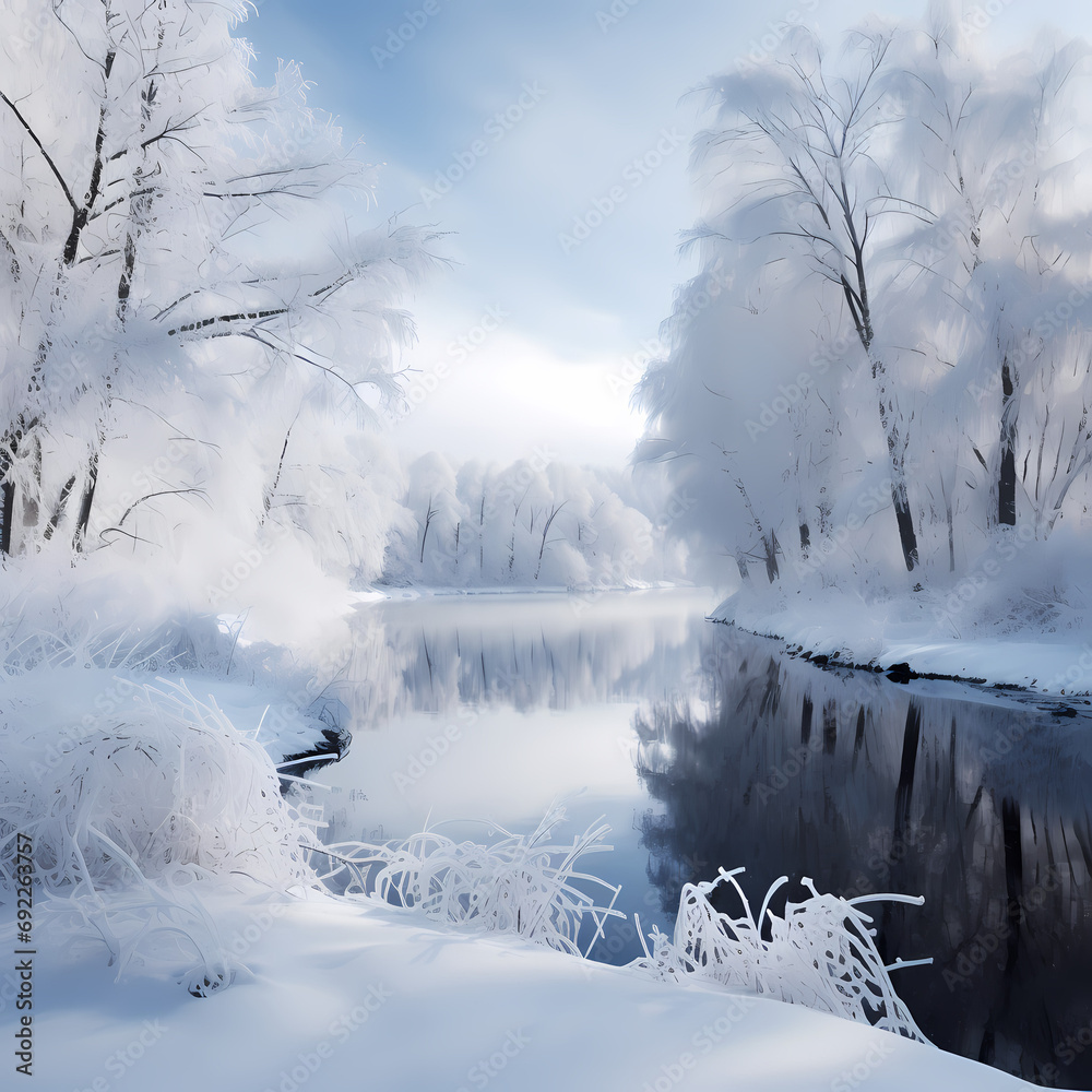 A serene winter scene with a frozen lake and snow-covered trees