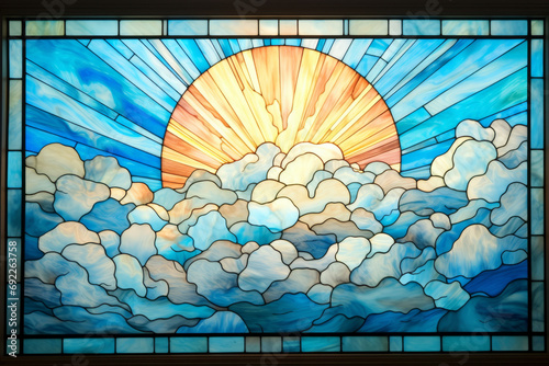 Stained glass window illustration of the sun above clouds