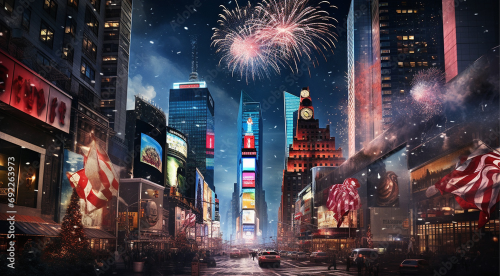Fireworks light up the night sky over a city street with a prominent clock tower. Ideal for New Year's Eve, city celebrations, or festive event promotions. - obrazy, fototapety, plakaty 