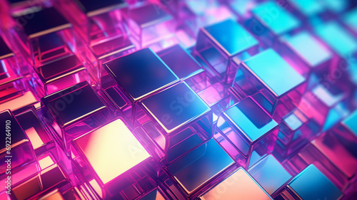 Neon Geometry: Vivid Pink and Blue Cubes in a 3D Abstract Landscape