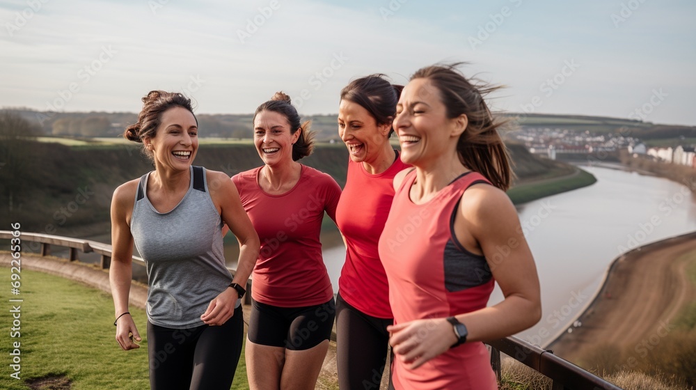 Group of mid aged adult women jogging uphill in countryside rural hiking routine area, joyful and healthy lifestyle concept. Group of mid aged adult women jogging uphill in countryside rural hiking routine area, joyful and healthy lifestyle concept.