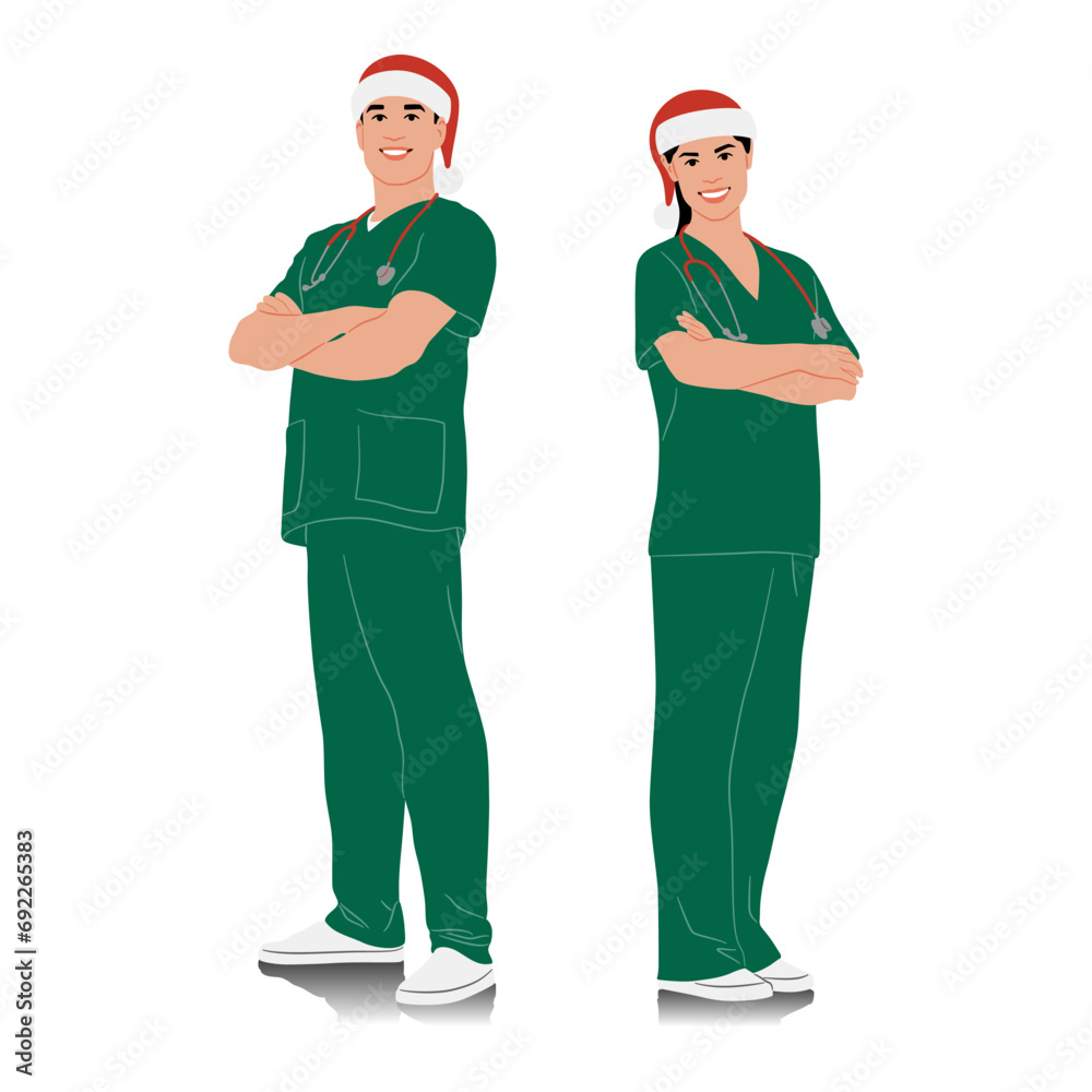 Healthcare worker with Santa hats set. Happy smiling doctor with a stethoscope wearing Christmas hats. Male and female nurses in Christmas color uniforms. Vector illustration set isolated on white Healthcare worker with Santa hats set. Happy smiling doctor with a stethoscope wearing Christmas hats. Male and female nurses in Christmas color uniforms. Vector illustration set isolated on white