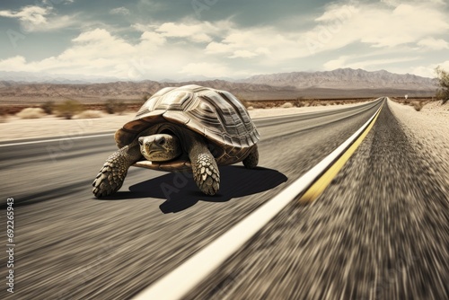 A Turtle dashes at full speed a city street, generative AI