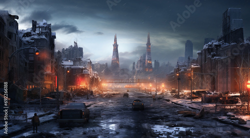 Snowy city street scene with cars and buildings in the background. A wintry urban backdrop suitable for winter-themed designs, holiday promotions, and seasonal marketing materials.
