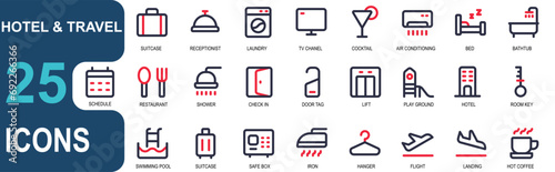 hotel icon set. travel icon set. 2 color line style, vector design for your app and web
