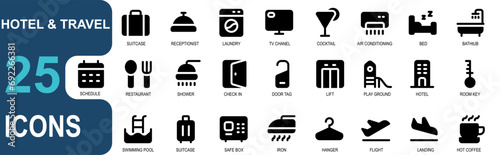 hotel and travel icon set.black color style. contains door, check in, door hanger, lift, playground, hotel, keys, swimming pool, suitcase, money box, iron, hanger, flight, landing, hot coffee. vector 