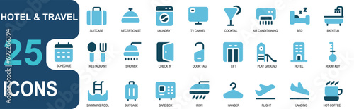 ravel and hotel icon set.flat color icon style.contains suitcases, reception, laundry, tv channels, cocktails, air conditioning, bed, bath, schedule, shower, restaurant. vector design set.