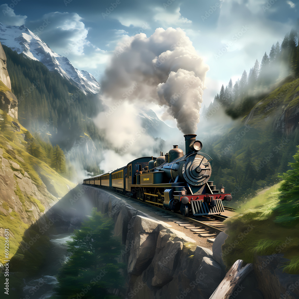 A vintage steam train chugging through a picturesque mountain pass