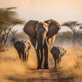 An elephant family roaming freely in the vastness of an African savannah