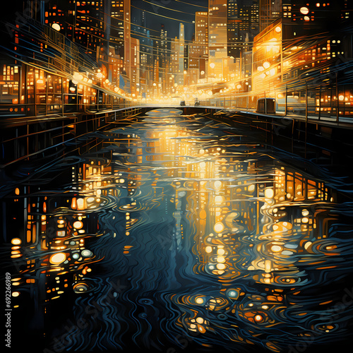 City lights reflecting on the rippling surface of a river