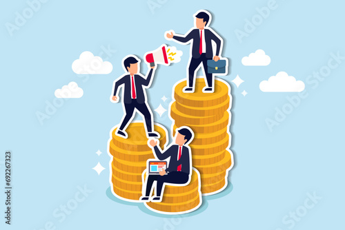 Income gap, inequality revenue in capitalism or career development to earn more income, middle income trap concept, businessman poor, middle and rich worker standing on stack of their wealth coins.