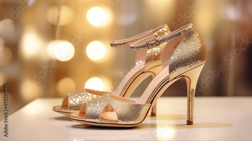 Sparkling Romance. High Heel Fashion Shoes on Wedding Bokeh Background.AI Generative  photo