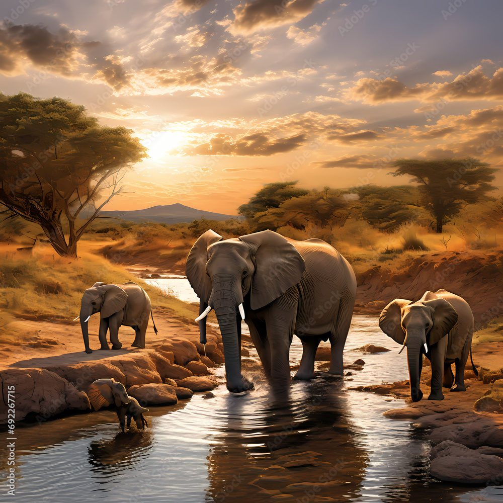 Elephants gathered around a watering hole on the savannah