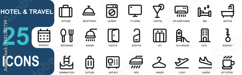 hotel icon set.thick outline style. contains  suitcases, reception, laundry, tv channels, cocktails, ac, bed,restaurant,door, check in, door hanger, lift, swimming pool,flight, landing, hot coffee.
