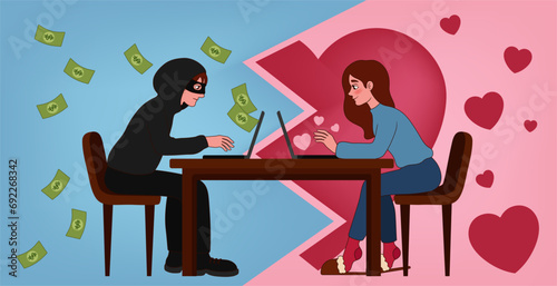 Young woman having online date with fake boyfriend. Concept of internet fraud photo