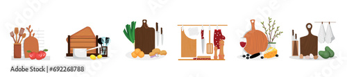 Collage of cutting boards with kitchen utensils and products on white background
