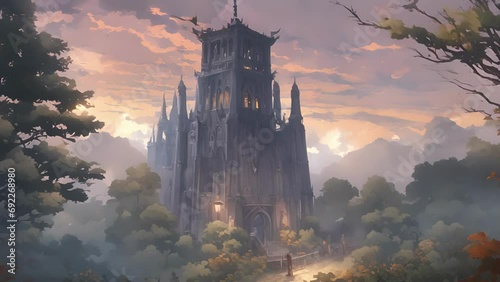 From afar, Brooding Belfry appears almost ghostly, shrouded thick veil mist. bells chime with haunting cadence, though tower itself mourning great loss. 2d animation photo