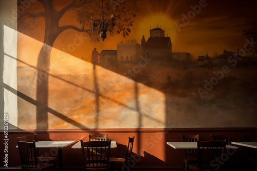GENERATIVE AI Haunting Heritage: Scene: A colonial-era building, now a trendy restaurant, but with a faded mural on its wall depicting a forgotten local legend. Echoes of Lore Lingering