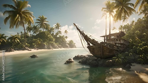 subject stands sandy shoreline Pirate Cove, surrounded palm trees abandoned pirate ships. cove itself hidden gem, with crystal clear waters small waterfall cascading into 2d animation photo