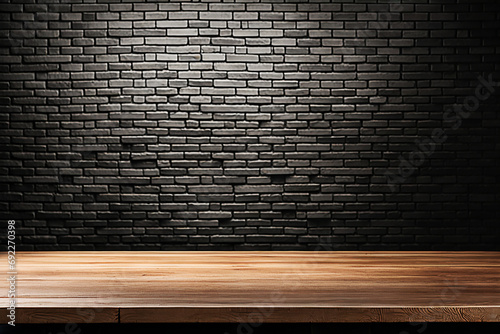 Empty wood tabletop or counter with display product. Blur image of brick wall background. Display product background