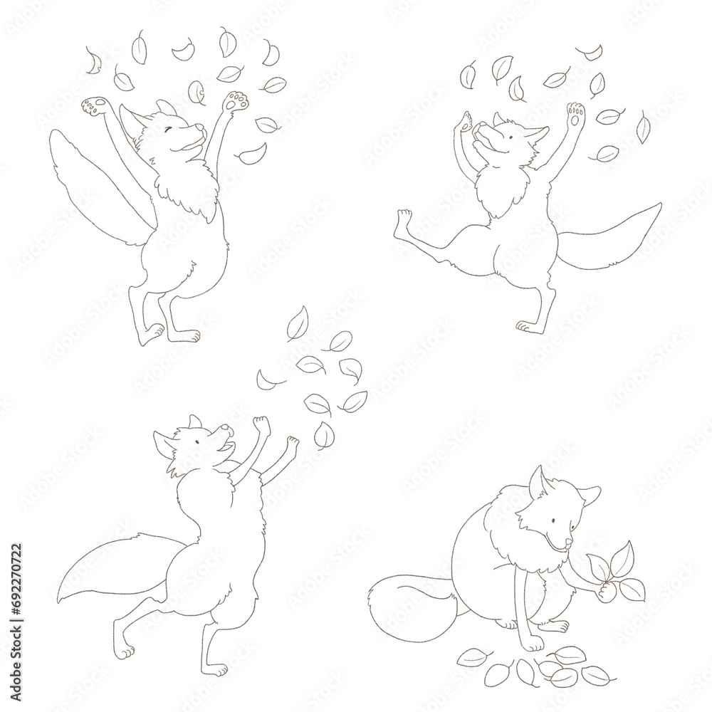 可愛いキツネが落ち葉で遊ぶイラストセット（4匹のキツネ,モノクロ）