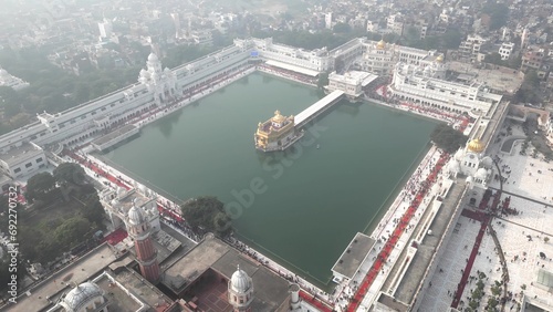 The Golden Temple also known as the Harimandir Sahib Aerial view by DJI mini3Pro Drone photo