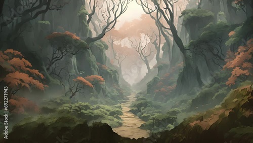 deep, dark ravine Phobia Forest, filled with thick eerie shadows. Shadows various fears take monstrous forms, lurking within mist, waiting challenged defeated those brave 2d animation photo