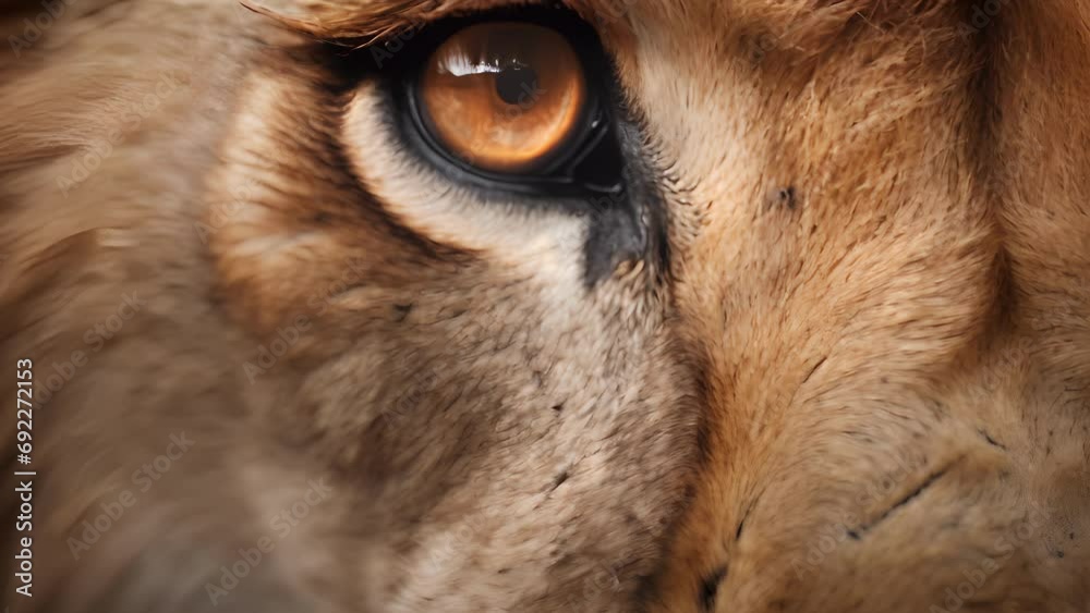 A closeup of a lions powerful and stoic eye, framed by its magnificent whiskers and dark fur.