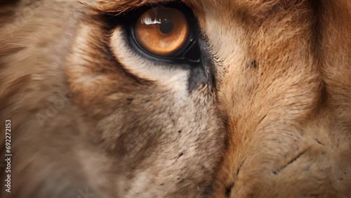 A closeup of a lions powerful and stoic eye, framed by its magnificent whiskers and dark fur. photo