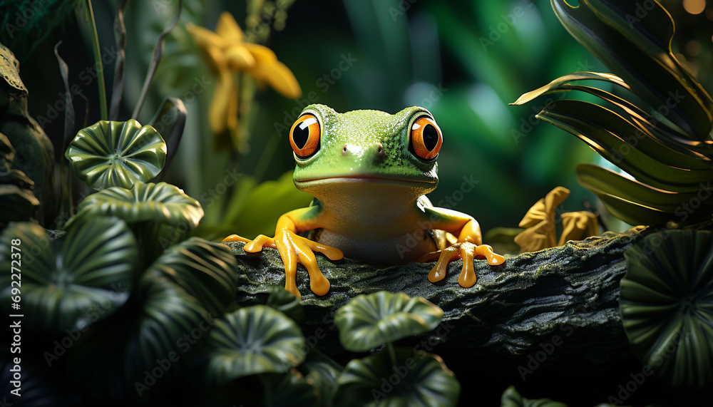 Red eyed tree frog sitting on a wet leaf in the rainforest generated by AI Red eyed tree frog sitting on a wet leaf in the rainforest generated by AI