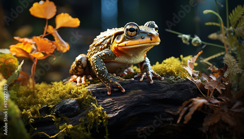 Cute toad sitting on wet leaf, watching tropical rainforest generated by AI