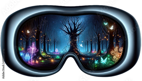Enchanted forest view through virtual reality headset