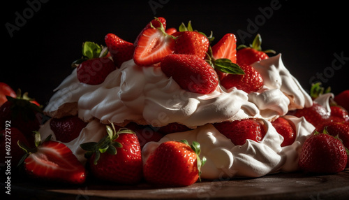 Fresh berry dessert with whipped cream on rustic wooden plate generative AI