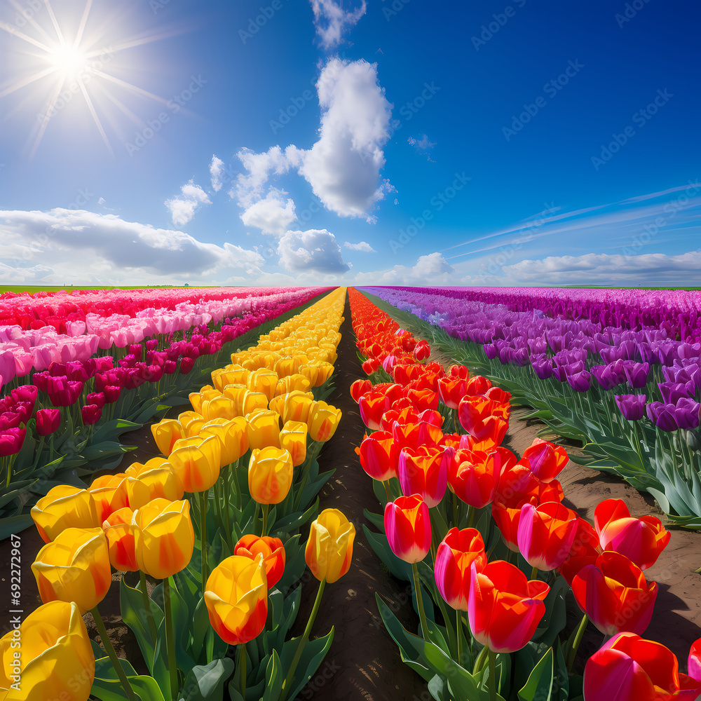 Rows of tulips in a rainbow of colors under a clear sky