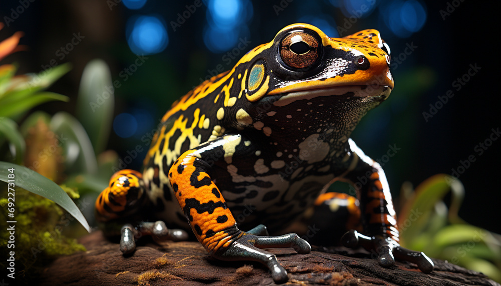 A cute, small, yellow toad sitting in a tropical forest generated by AI A cute, small, yellow toad sitting in a tropical forest generated by AI