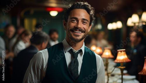 A confident businessman, illuminated at night, smiling with joy generated by AI © Gstudio