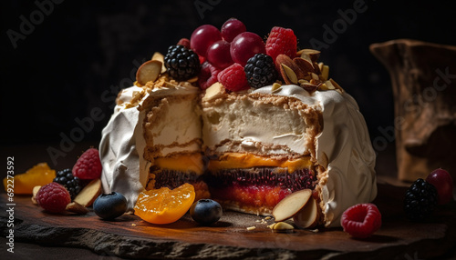 Indulgent berry cheesecake with fresh whipped cream and chocolate decoration generative AI