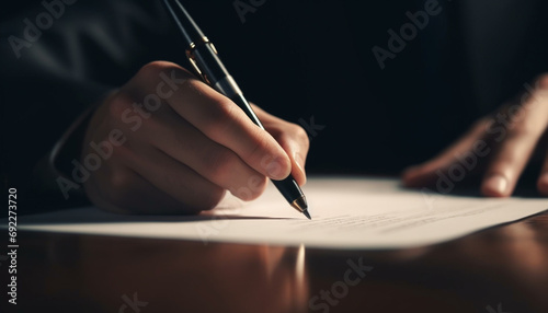 Businessman signing contract with ballpoint pen on document at desk generative AI photo