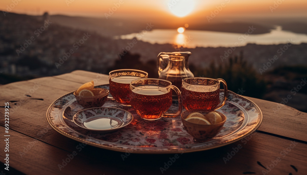 Fototapeta premium Wooden table, drinking glass, outdoors generative AI