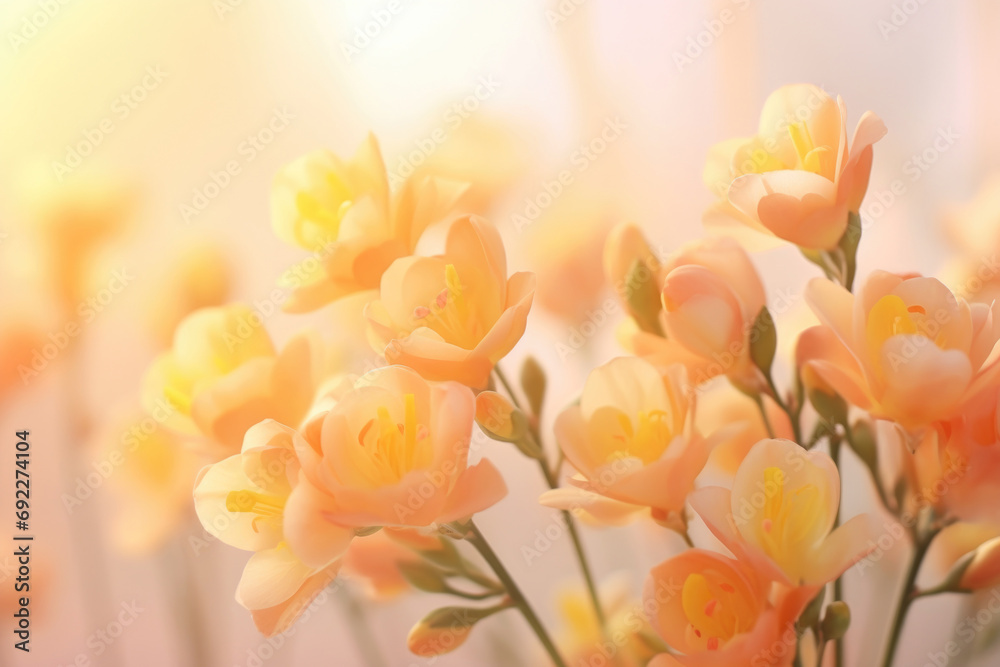 Colorful freesia flowers on soft background, Spring blossom