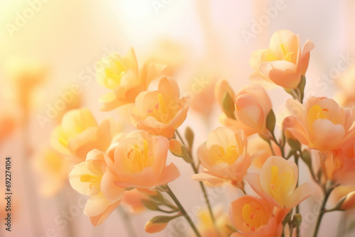 Colorful freesia flowers on soft background, Spring blossom photo