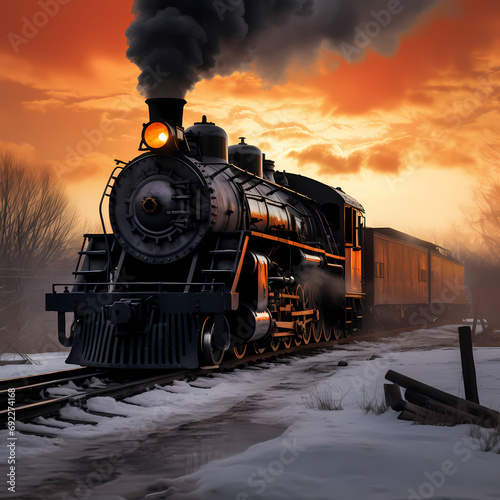 Steam rising from a vintage locomotive on a frosty morning
